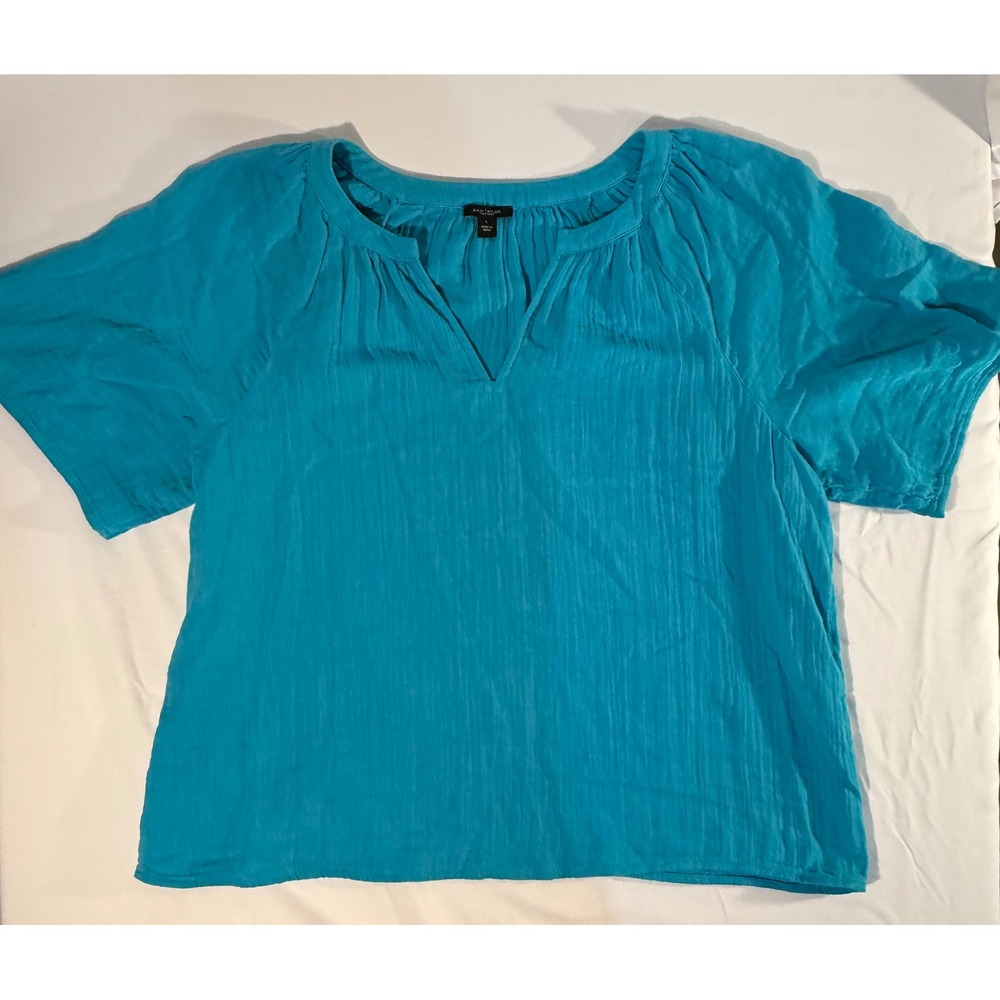 Ann Taylor Factory Women Turquoise Blue Gauze Split Neck Blouse Top Size L